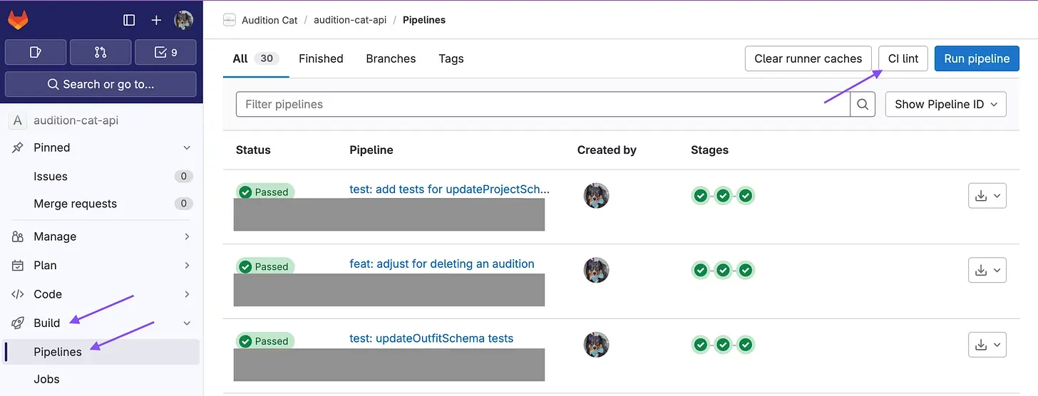 GitLab screenshot depicting how to access the CI lint tool