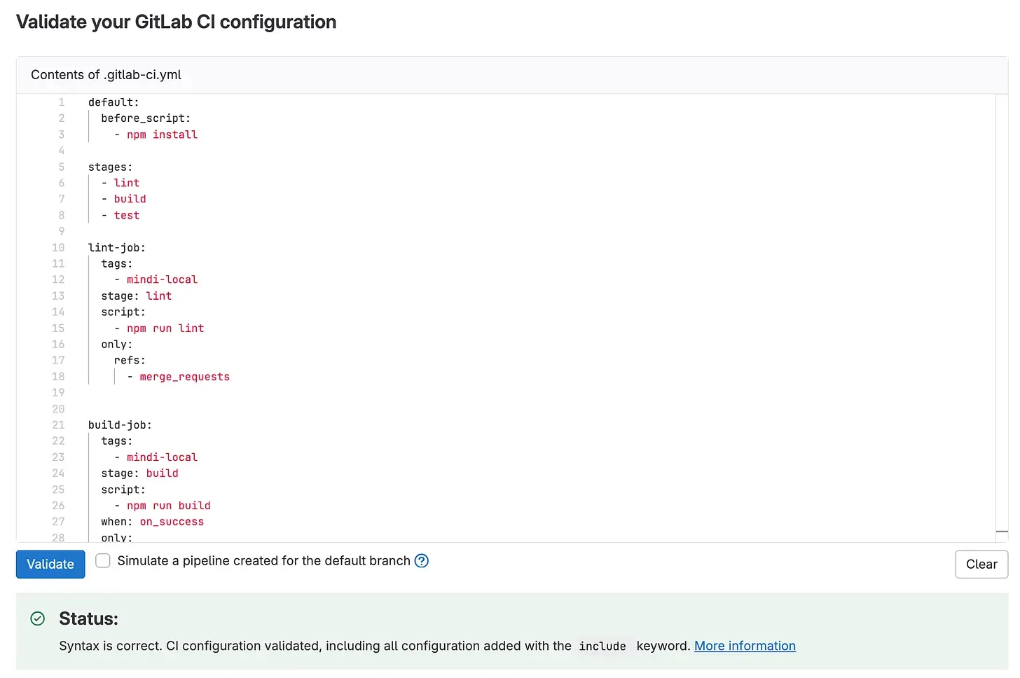 GitLab screenshot of the CI lint tool