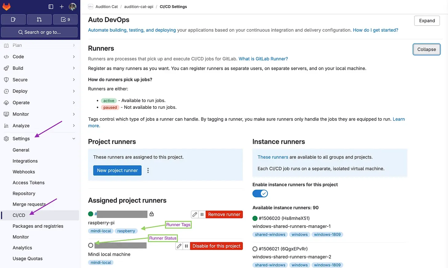 GitLab screenshot showing the Runners for our project