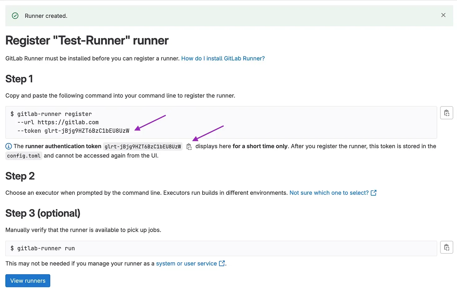 GitLab screenshot of the confirmation screen for a new, fake Runner