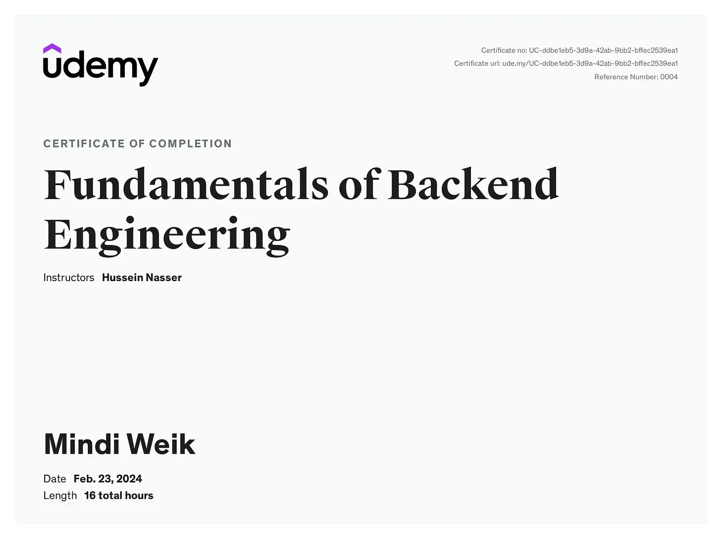 Mindi’s Udemy course completion certificate for Fundamentals of Backend Engineering