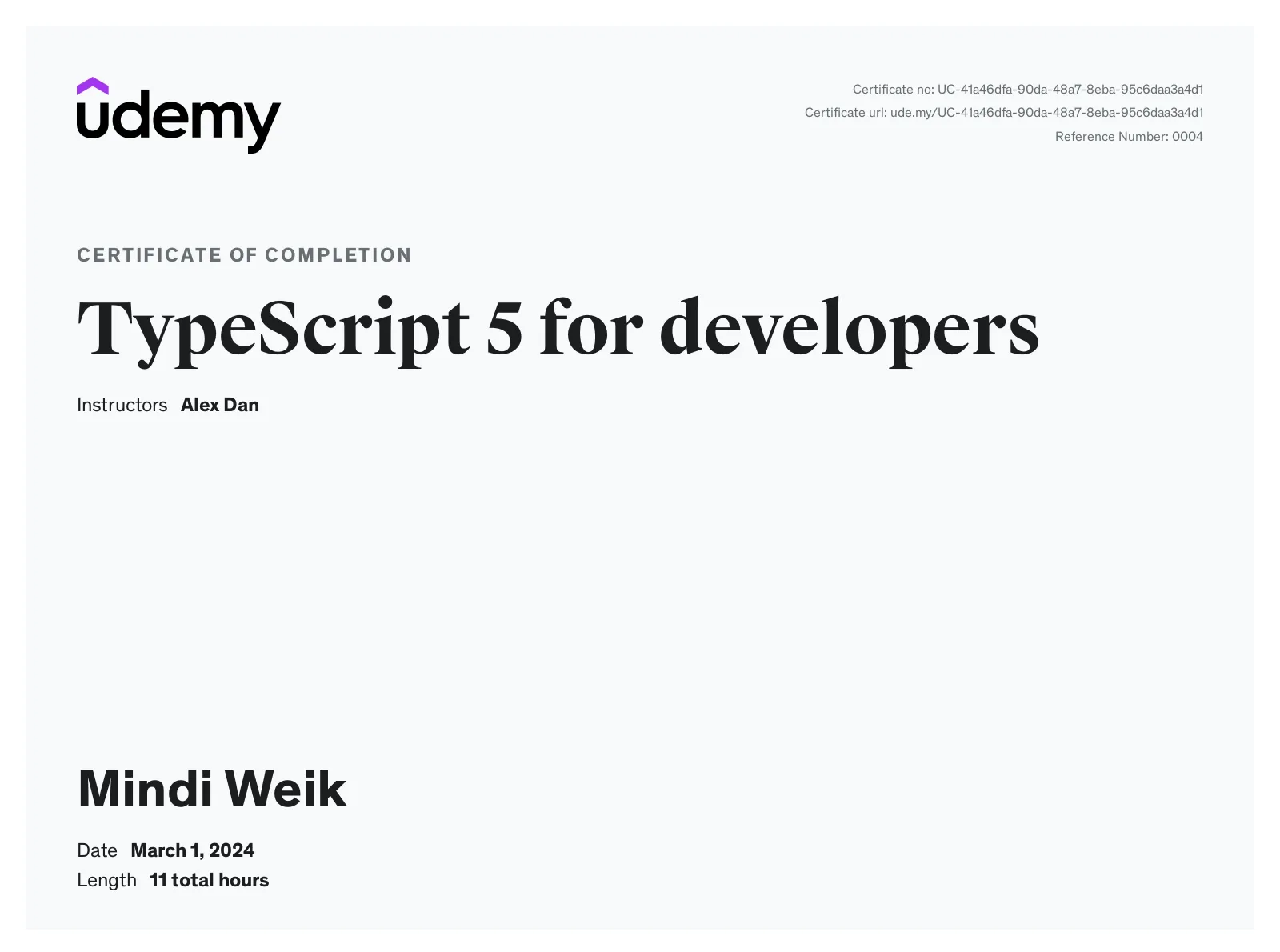Mindi’s Udemy course completion certificate for TypeScript 5 for Developers