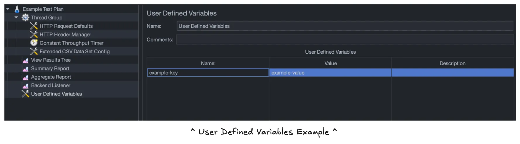 User Defined Variables with an example key and value